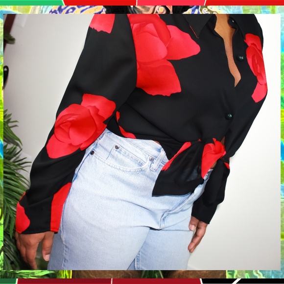 Vintage 90s Sheer Rose Button Front Blouse - Picture 1 of 4
